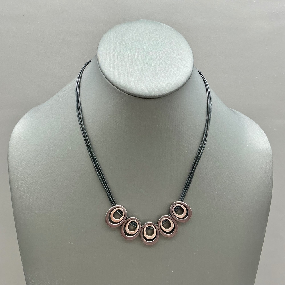 Tropic Art Necklace Black Cord Copper Tone Geometric Oval Statement 21" Signed